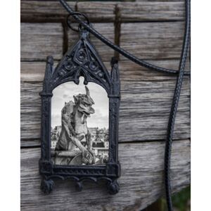 Stone Gargoyle Necklace Cathedral Arch Framed Sculpture Pendant